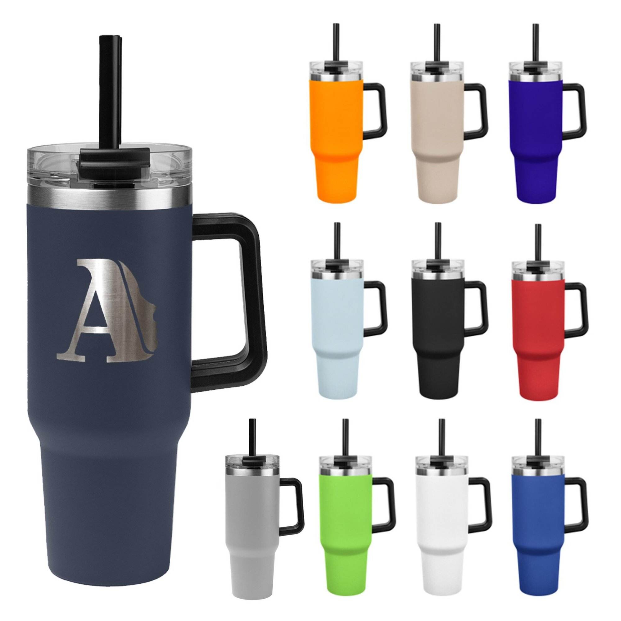 Personalized 40 oz Tumbler Two Tone with Handle and Straw - Laser Engraved Logo