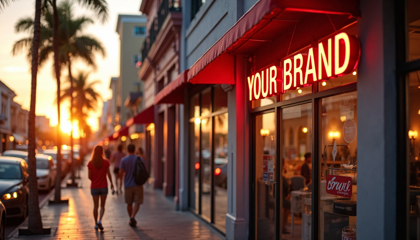 Florida Storefront With Illuminated Channel Letter Sign At Dusk