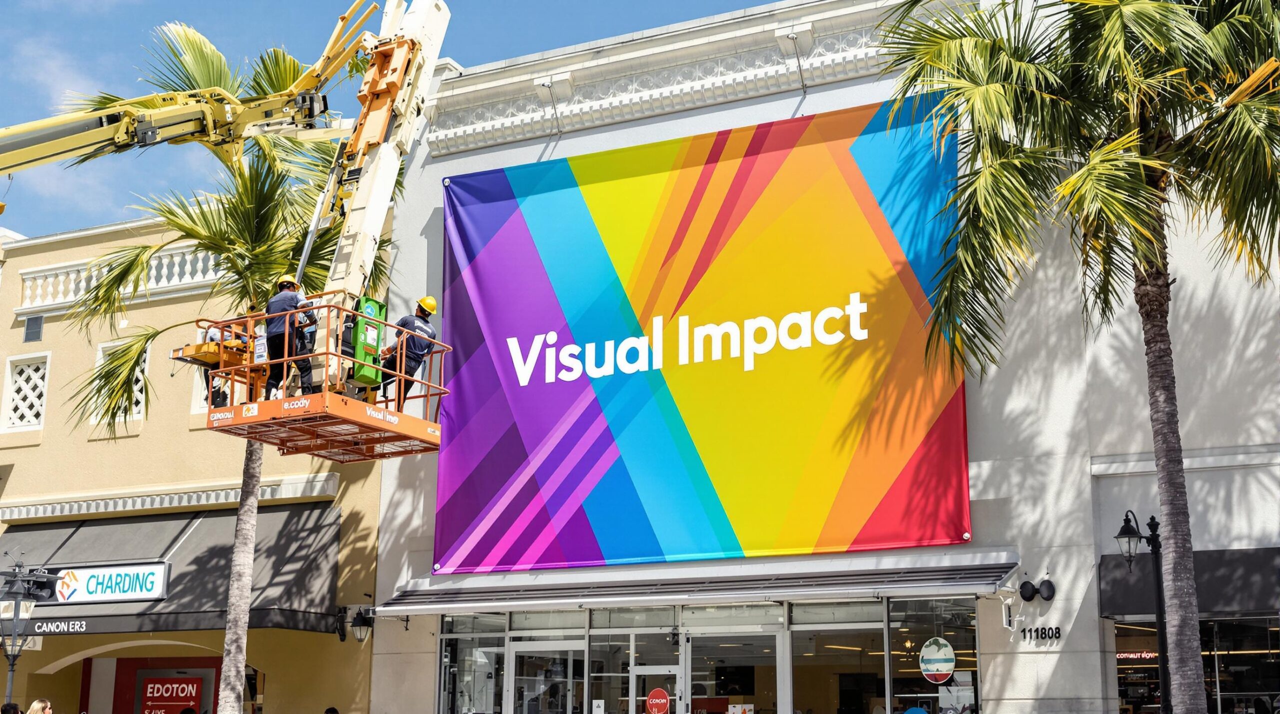 Technicians install large printed banner on Florida storefront