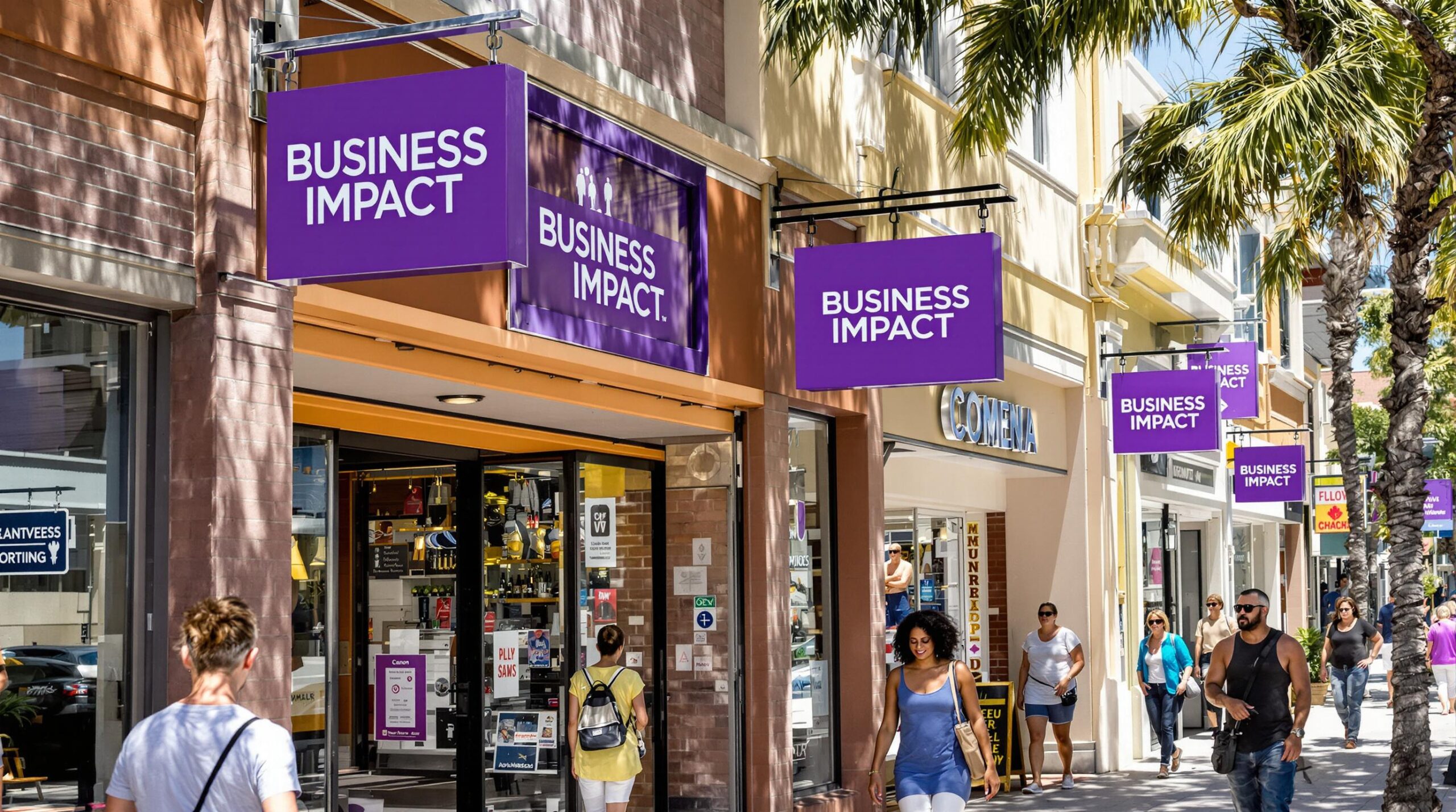Florida Business Storefronts With Prominent Signs And Passersby