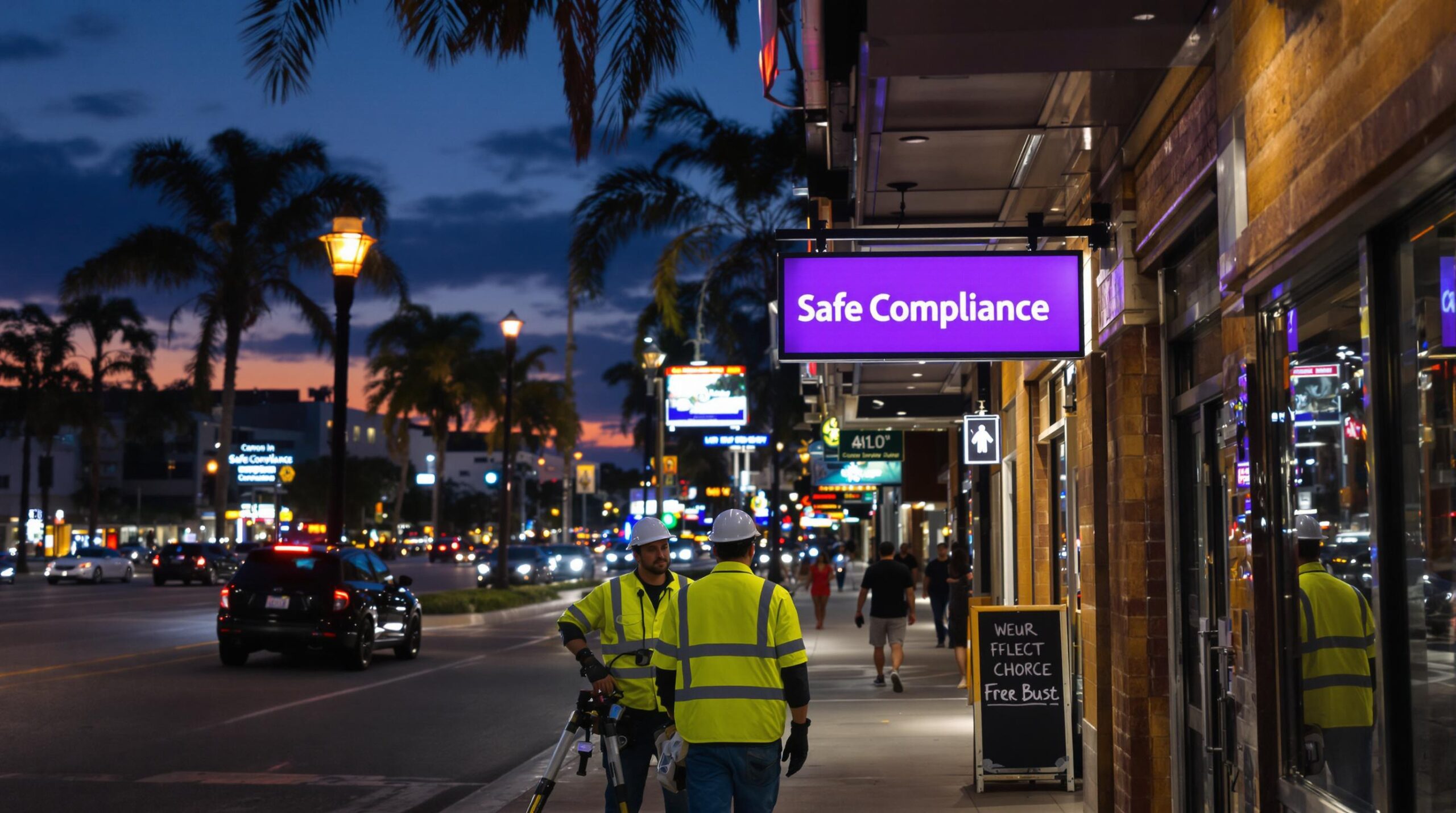 Electricians And Business Owner Installing Illuminated Sign In Florida City Street