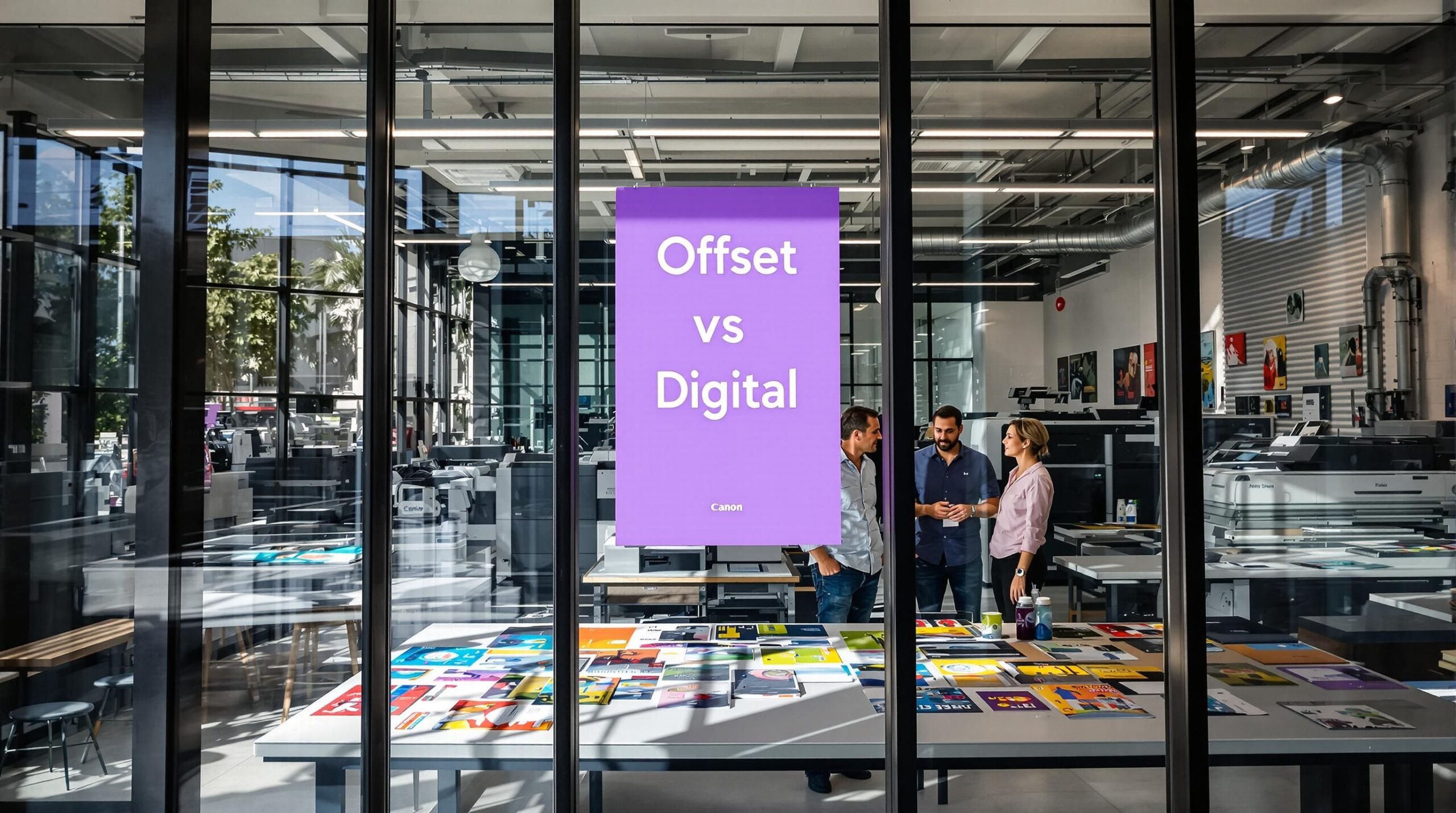 Miami Print Shop Showing Professionals With Printed Marketing Materials And Visible Digital And Offset Equipment