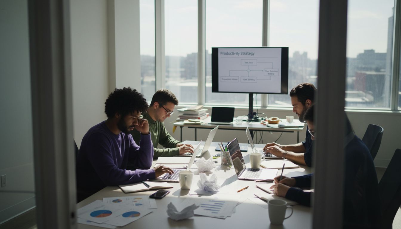 A Team Collaborating On A Project In A Modern Doral Office Space, Using Laptops And Reviewing Documents.