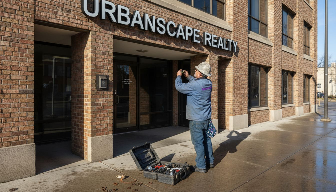 Technician Installing 'Urbanscape Realty' Dimensional Letters On An Exterior Brick Wall Of A Commercial Building In Miami.