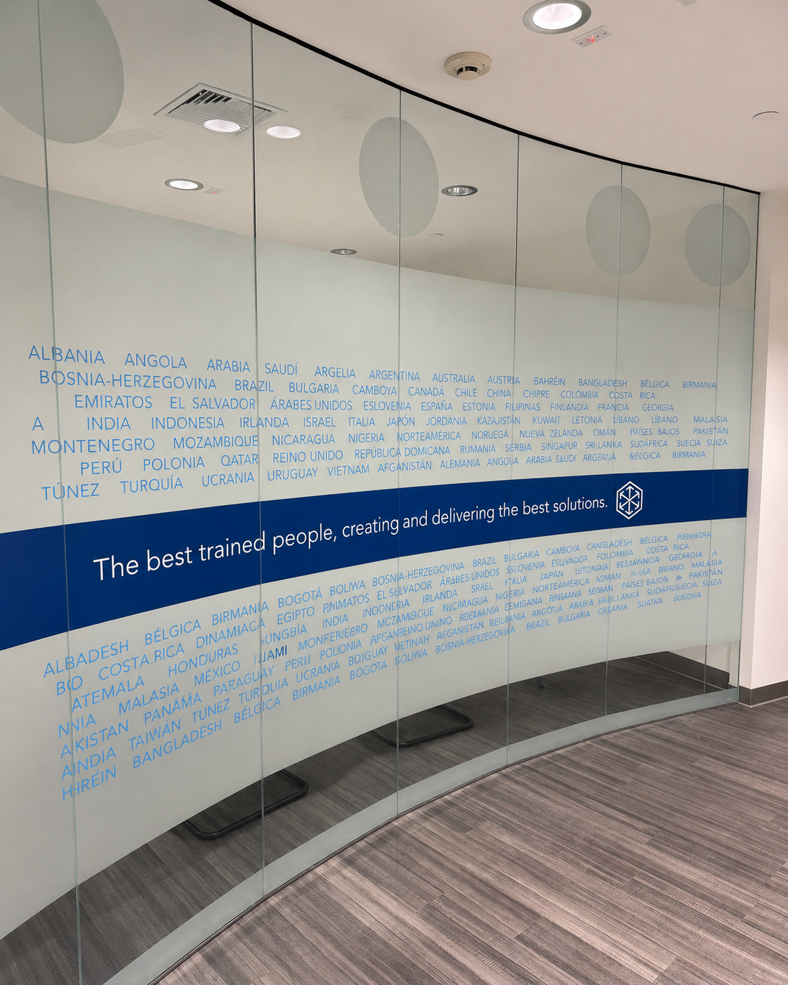 C.h. Robinson Doral Office Signage | Led Neon &Amp; Glass Graphics Conference-Room Glass Graphics With A Blue Logo Band, Translucent Privacy Panels, And Country Names