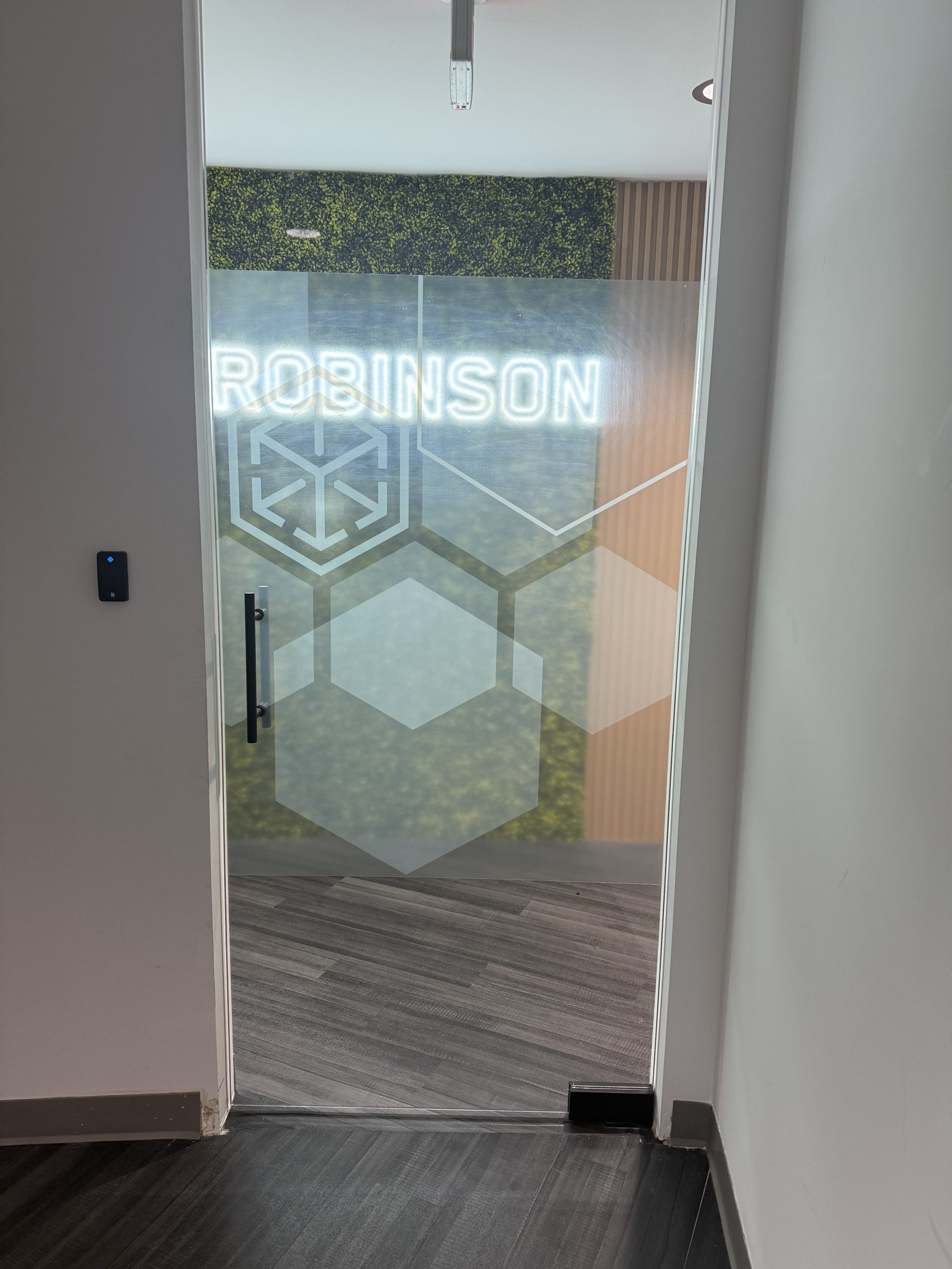 C.h. Robinson Doral Office Signage | Led Neon &Amp; Glass Graphics Translucent Clear Vinyl Graphics Applied To An Office Glass Door For Privacy And Branding