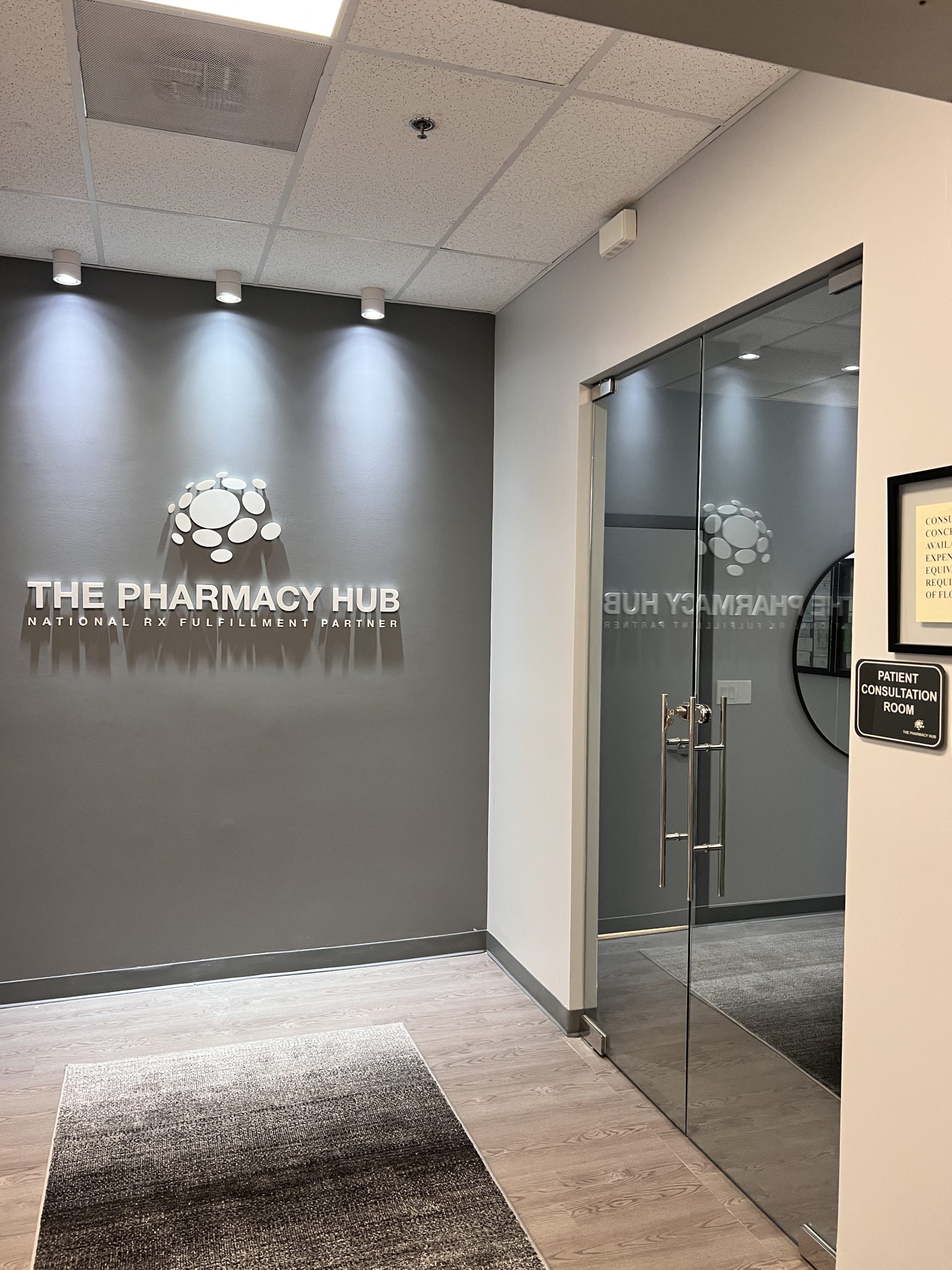 The Pharmacy Hub Pharmacy Signage In Miami Gardens Dimensional Acrylic Lobby Logo Sign Beside Glass Office Doors