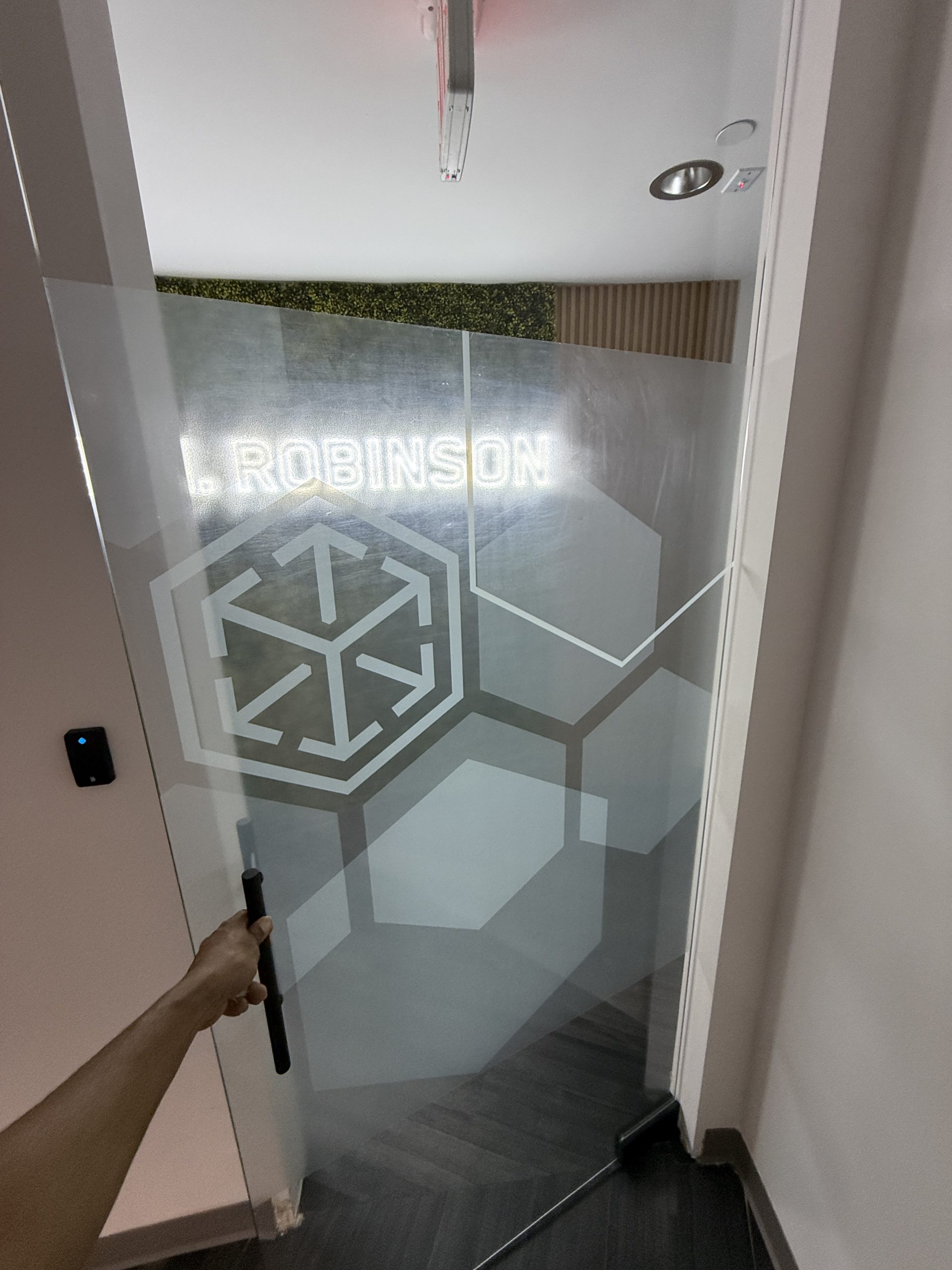 C.h. Robinson Doral Office Signage | Led Neon &Amp; Glass Graphics Printed Clear Vinyl Glass-Door Graphics With A Frosted-Glass Appearance And Geometric Privacy Pattern